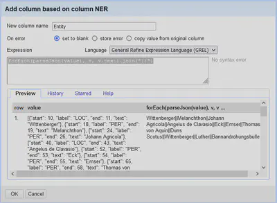 Bildschirmfoto mit Dialog zur Erzeugung einer neuen Spalte mit dem Entity Text in OpenRefine.