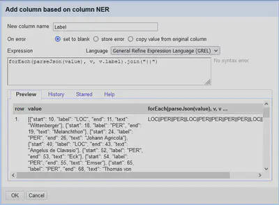Bildschirmfoto mit Dialog zur Erzeugung einer neuen Spalte mit dem Entity Label in OpenRefine.