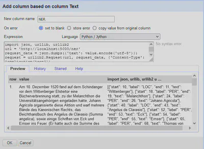 Bildschirmfoto mit Dialog zur Durchführung von NER in OpenRefine.