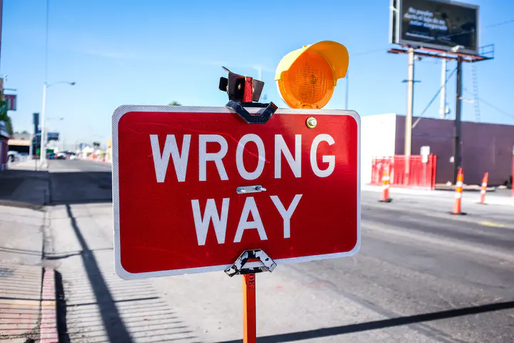 Wrong way sign on South Main Street, Las Vegas, United States.