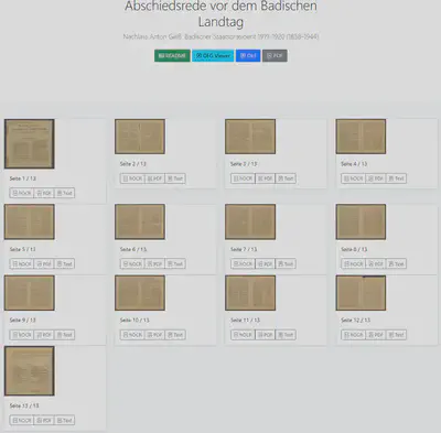 Bildschirmfoto der Übersicht unseres Prototypen zur Darstellung von Volltexten.