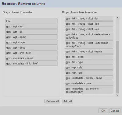 Bildschirmfoto des Dialogs zum Löschen und Sortieren von Spalten in OpenRefine.