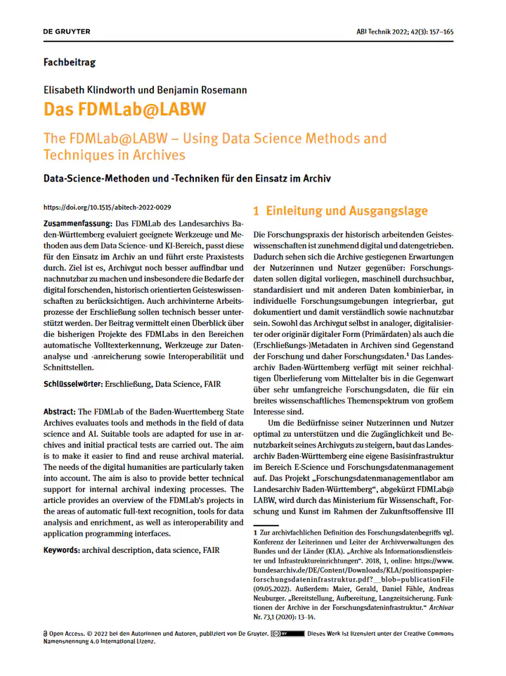 Bildschirmfoto des Artikels in ABI Technik Band 42 Heft 3 / August 2022