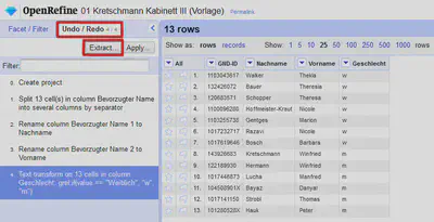 Bildschirmfoto des Reiters für die Änderungshistorie in OpenRefine.