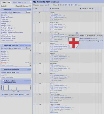 Bildschirmfoto des gefilterten Gurs Datensatzes mit Reconciliation Vorschlägen.