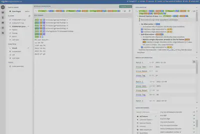 Bildschirmfoto von [RegEx101](https://regex101.com/) mit Art *ECMAScript*, einem regulären Ausdruck zur Extraktion von **Datumsangaben** in der Mitte oben, mehreren Beispielen direkt darunter und hilfreichen Informationen auf der rechten Seite.