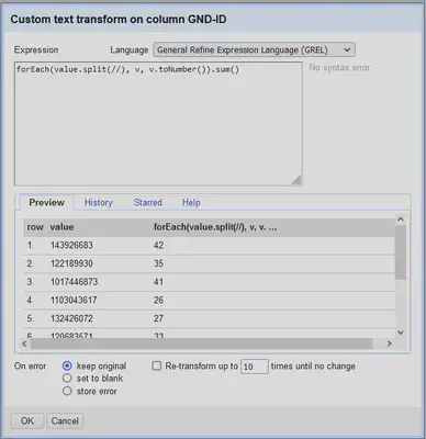Bildschirmfoto eines Dialog Fensters zur Transformation von Daten in OpenRefine.