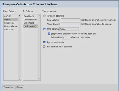 Bildschirmfoto des Dialoges zum Transponieren in eine Spalte.