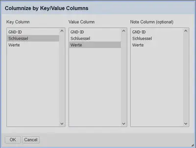 Bildschirmfoto des Dialoges zum Transponieren von Schlüssel/Werte Spalten.