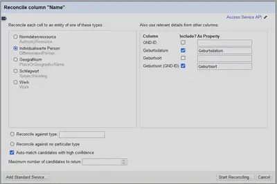 Bildschirmfoto der Einstellungen für den Reconciliation Dialog.