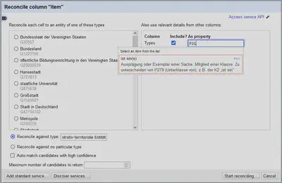 Bildschirmfoto der Einstellungen für den Reconciliation Vorgang mit Wikidata - Spalte Types.