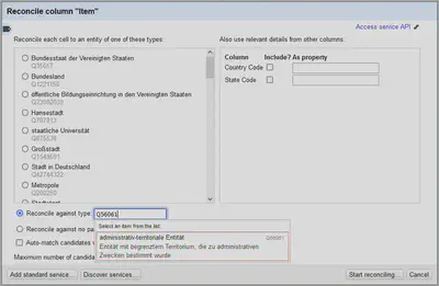 Bildschirmfoto der Einstellungen für den Reconciliation Vorgang mit Wikidata - Typeinschränkung.